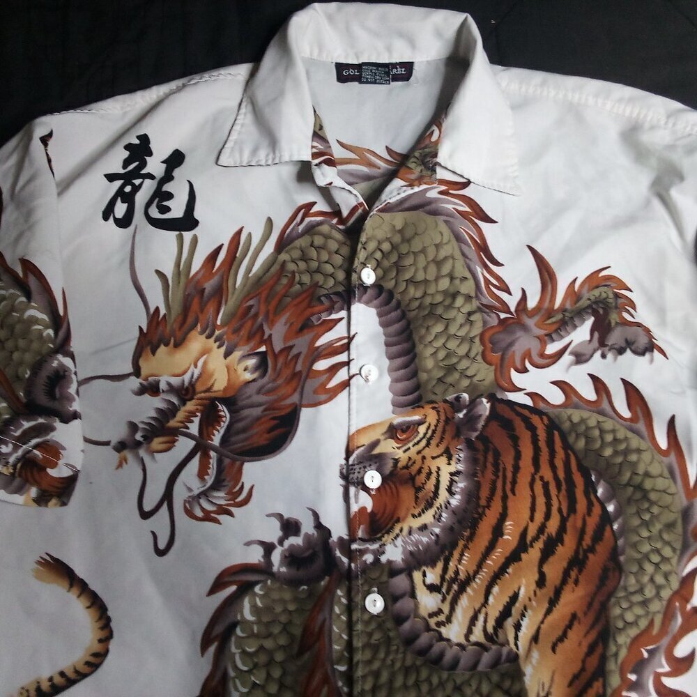 Vintage Golden Apparel Dragon Vs. Tiger Polyester Button Shirt